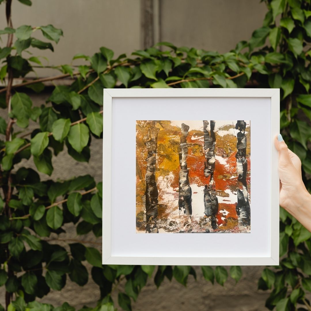 Original mixed media artwork on paper by Ottawa-based Mireille Laroche- 8 by 8 inch, 12 by 12 with white mat.