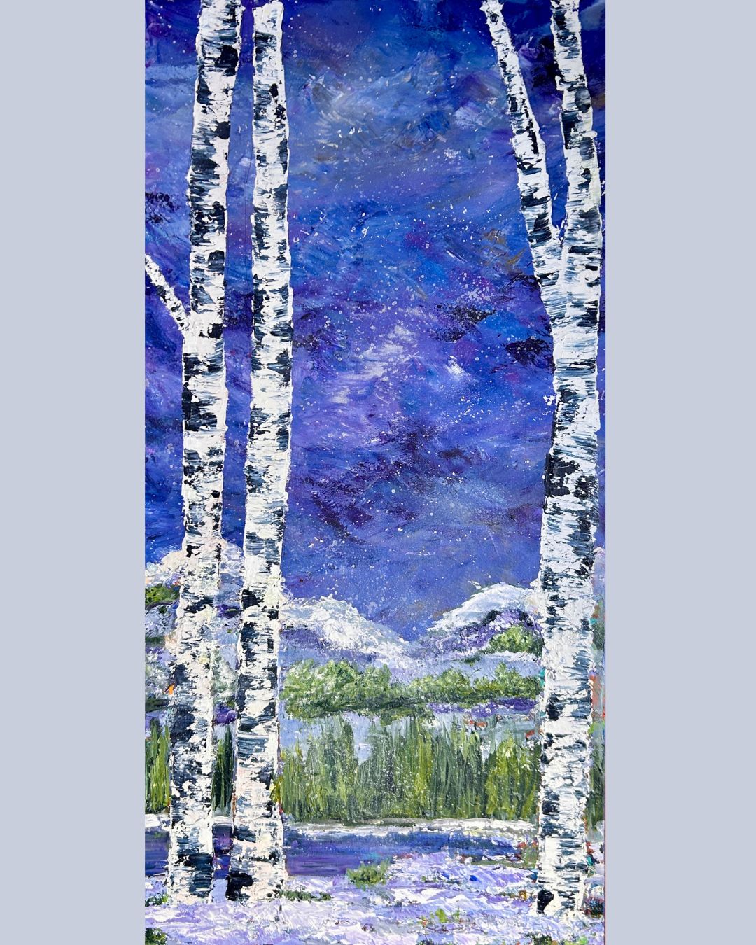 Artistic depiction of birch trees with a blue sky and landscape in the background