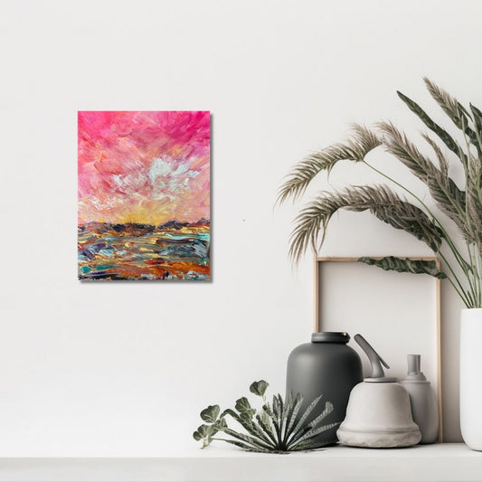 Colourful abstract painting  
 by Ottawa-based artist Mireille Laroche on a white wall with decorative items below.