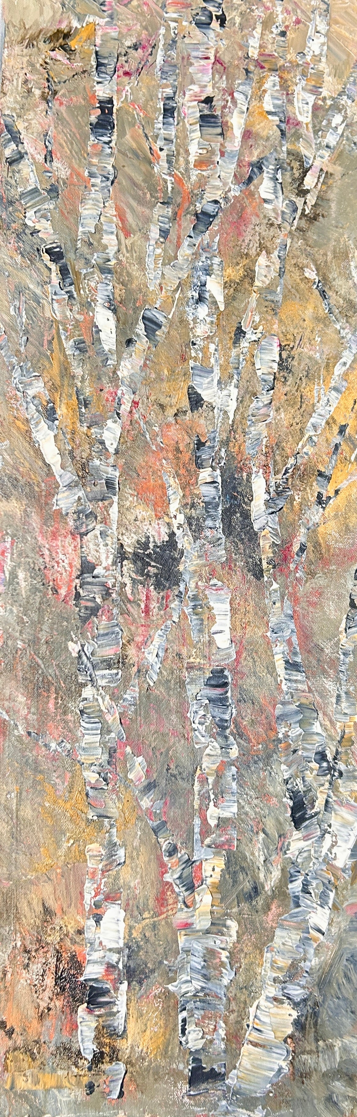 Abstract painting of trees in  earthy tones by Ottawa artist Mireille Laroche