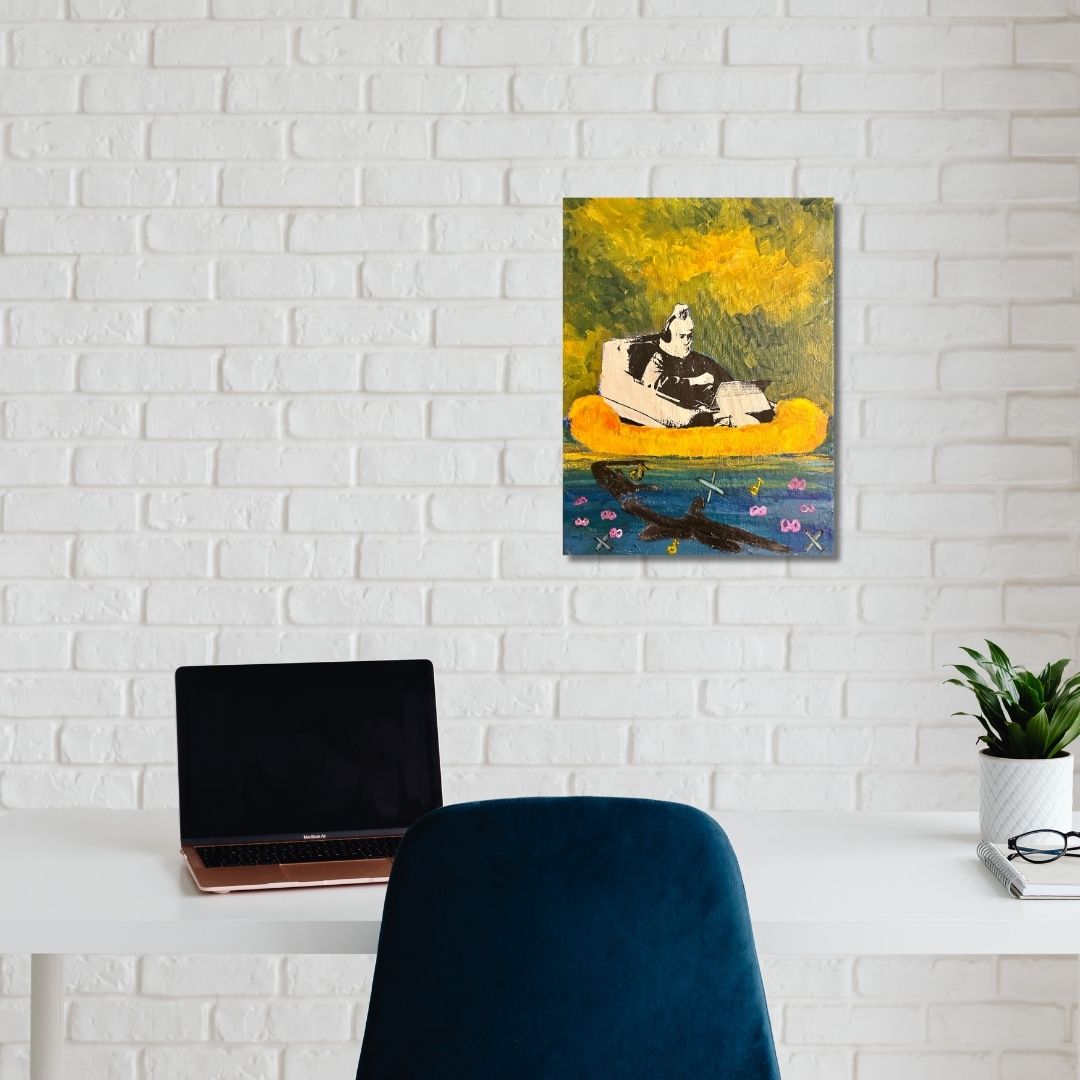 Original mixed media painting by Ottawa artist Mireille Laroche  on a white brick wall above a desk with a laptop.