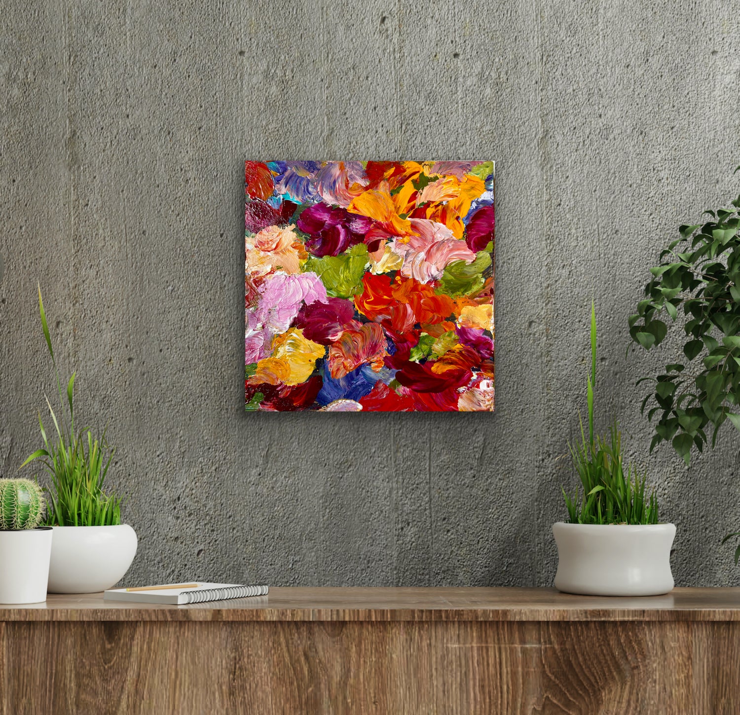 Floral Gardens. Original acrylic painting by Ottawa-based artist Mireille Laroche, 14 by 14 inch on 1 .5 inch deep canvas