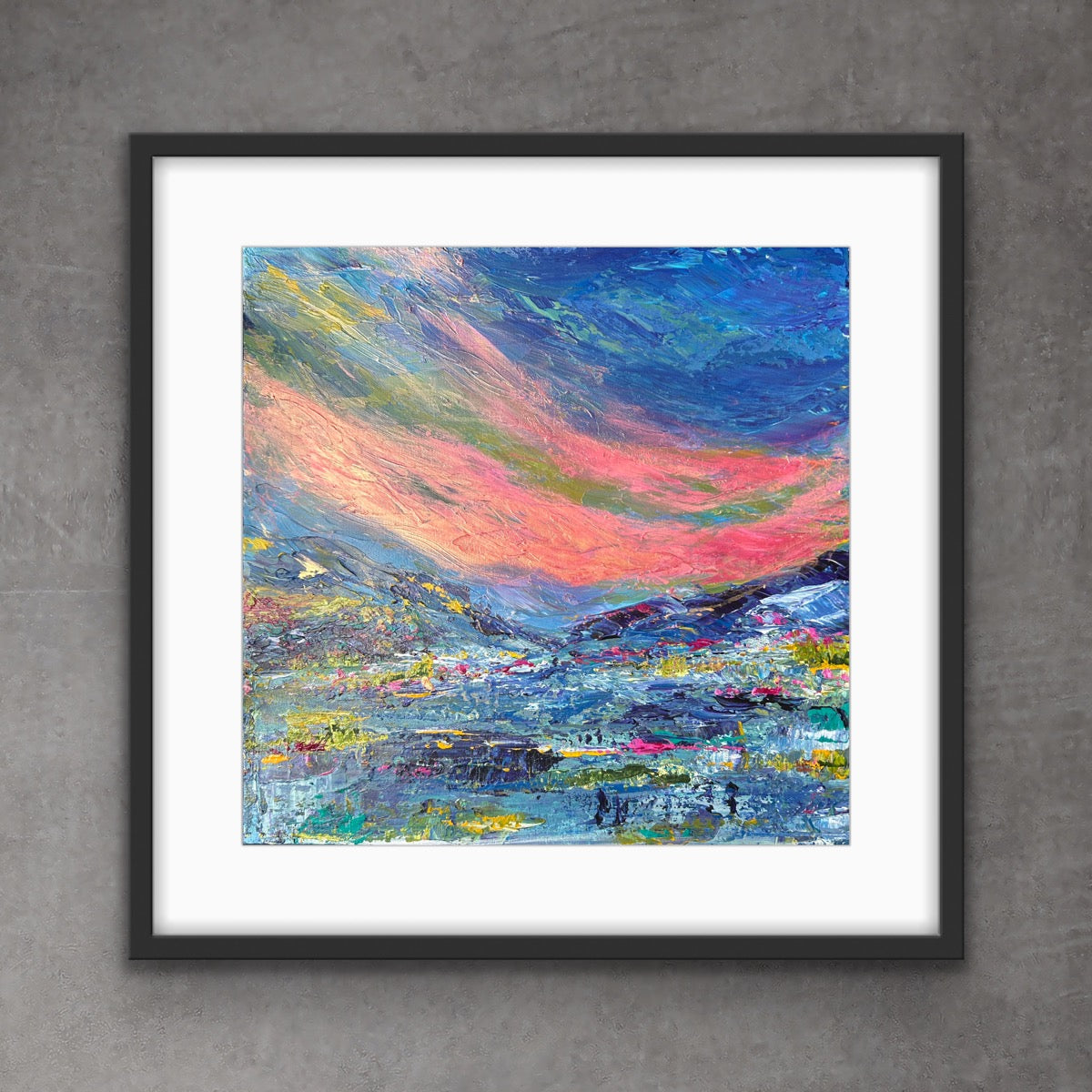 Framed Prints of Northern Lights over the Hills 8 by 8  (12 by 12 with frame)/ Reproductions encadrées de 8 par 8 de la toile Aurores boréales au delà des collines (12 par 12 avec le cadre)