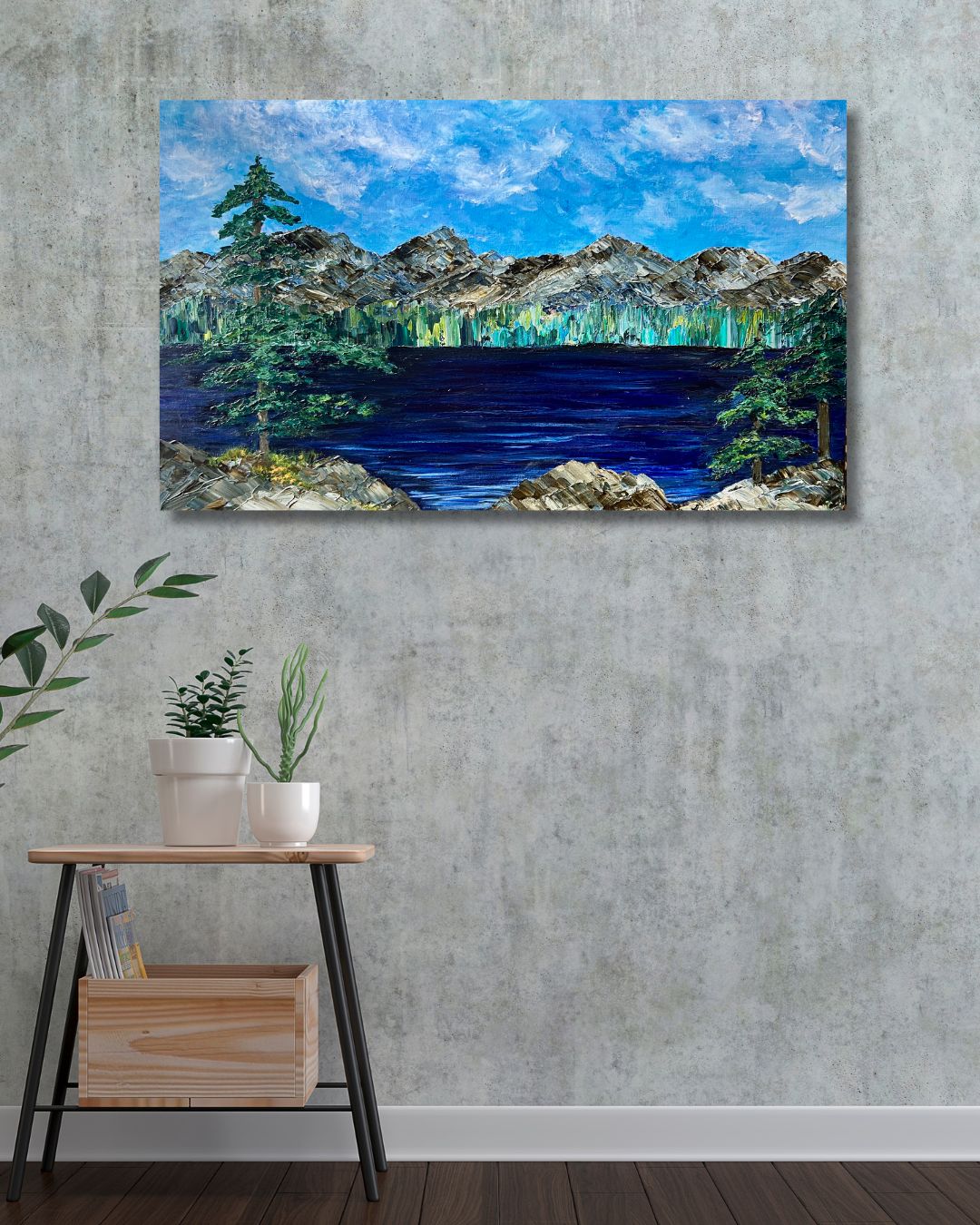 semi-abstract landscape painting on a wall by Ottawa artist Mireille Laroche