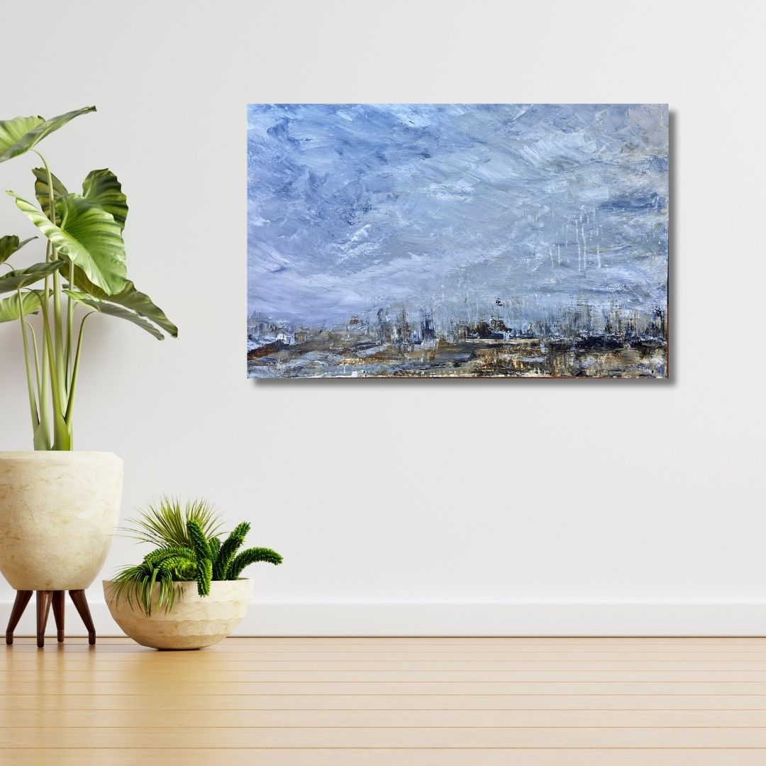 Abstract painting by Ottawa artist Mireille Laroche on a wall by two plants