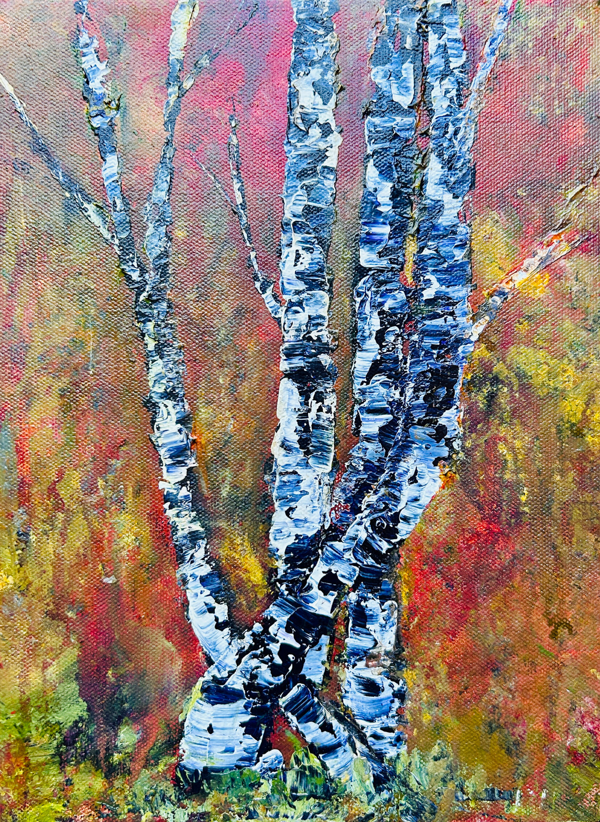 Original acrylic painting by Ottawa artist Mireille Laroche depicting trees with a fall background. 