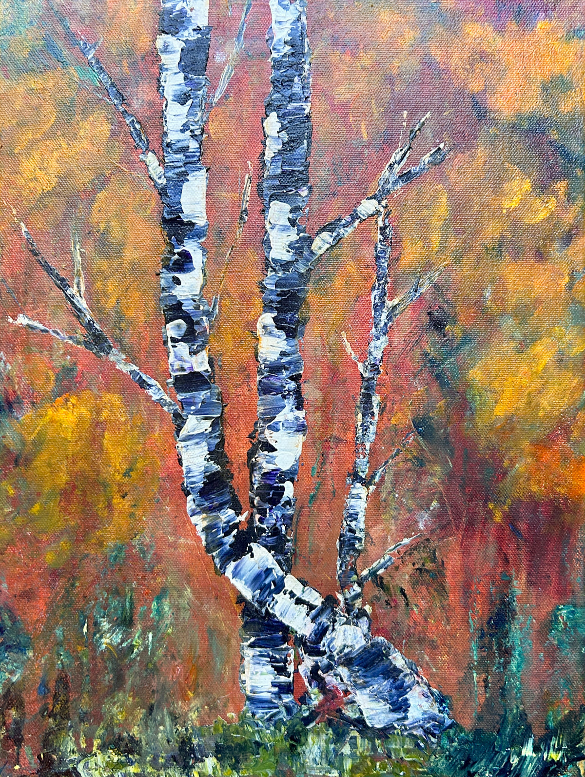 Original acrylic painting by Ottawa artist Mireille Laroche depicting trees with a fall background.