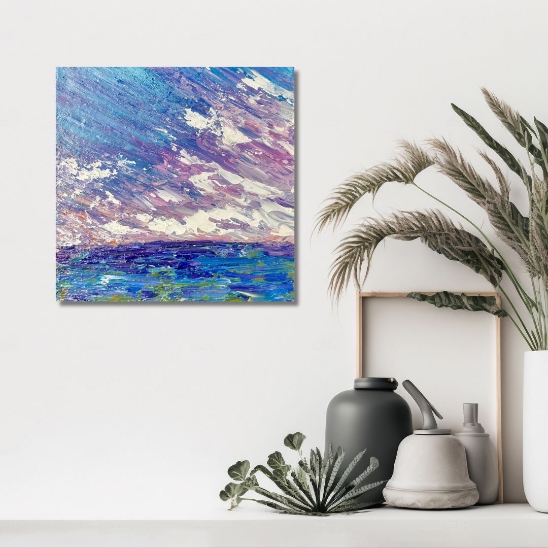 Abstract painting by Ottawa artist Mireille Laroche on a wall with decorative items below