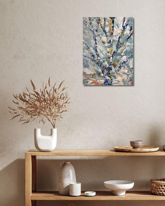 Original 9 by 12 inch acrylic painting on a 1.5 inch deep canvas by Ottawa artist Mireille Laroche  depicting a semi-abstract tree.  Painting on a beige wall above a shelf with decorative items