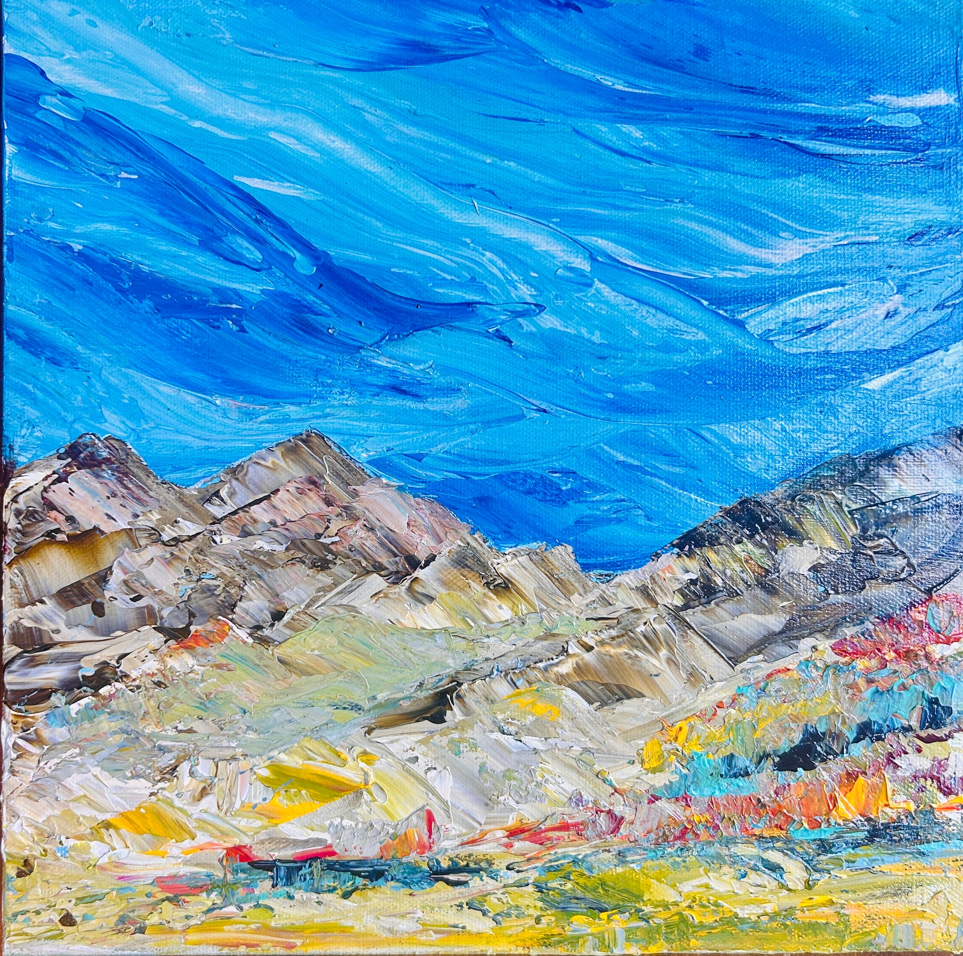 Original acrylic painting by Ottawa artist Mireille Laroche depicting a semi-abstract landscape