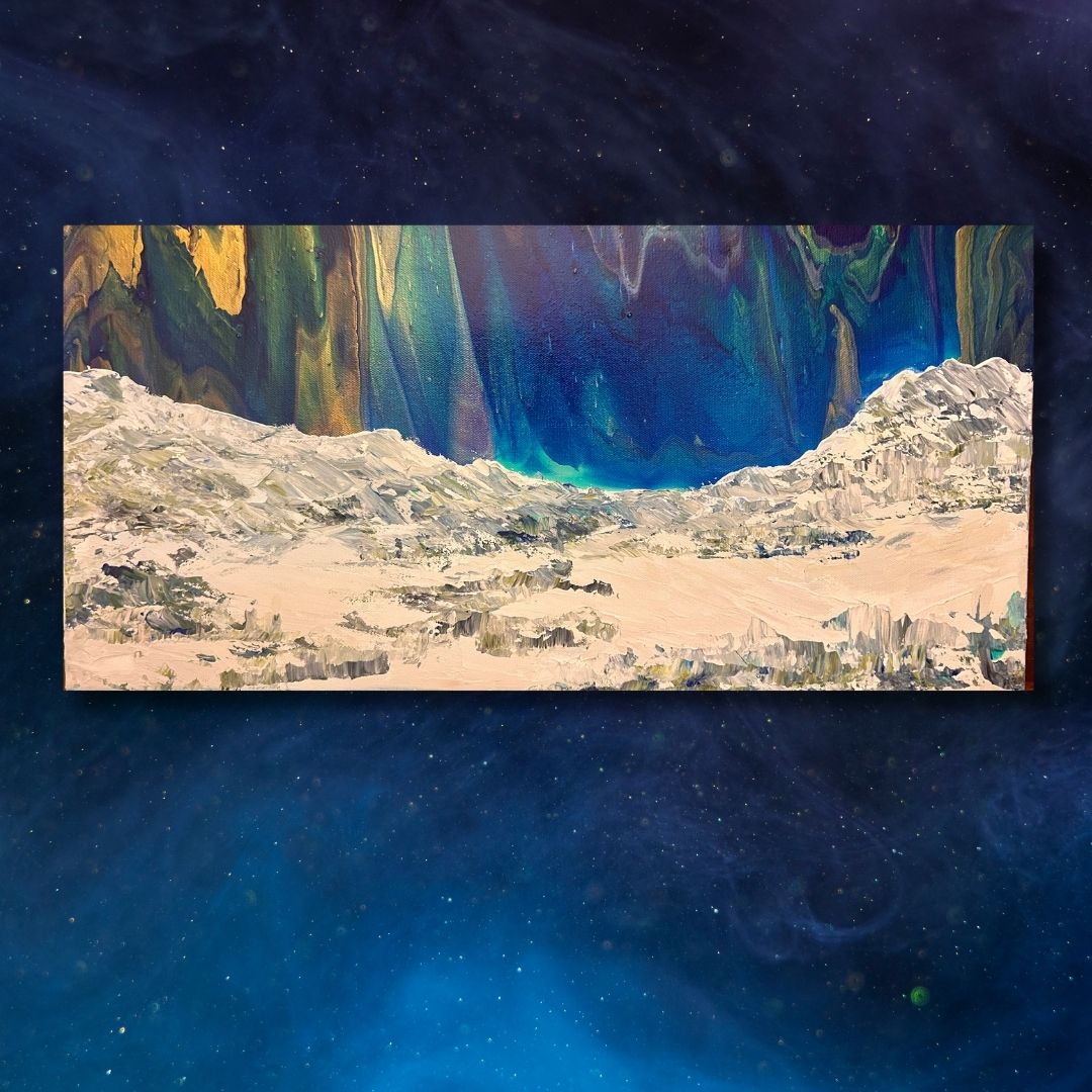 Aurora borealis painting over a snowy landscape with a dark blue background