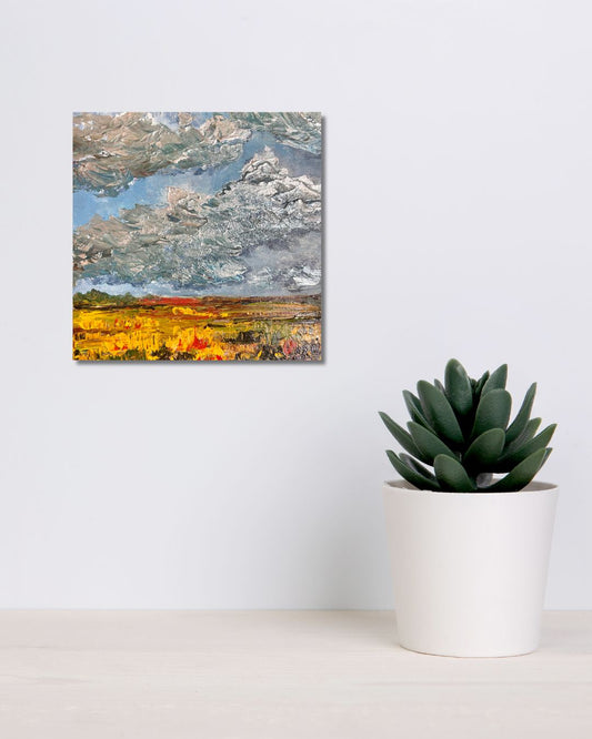 Semi-abstract acrylic by Ottawa artist Mireille Laroche depicting silver clouds over the Prairies.  