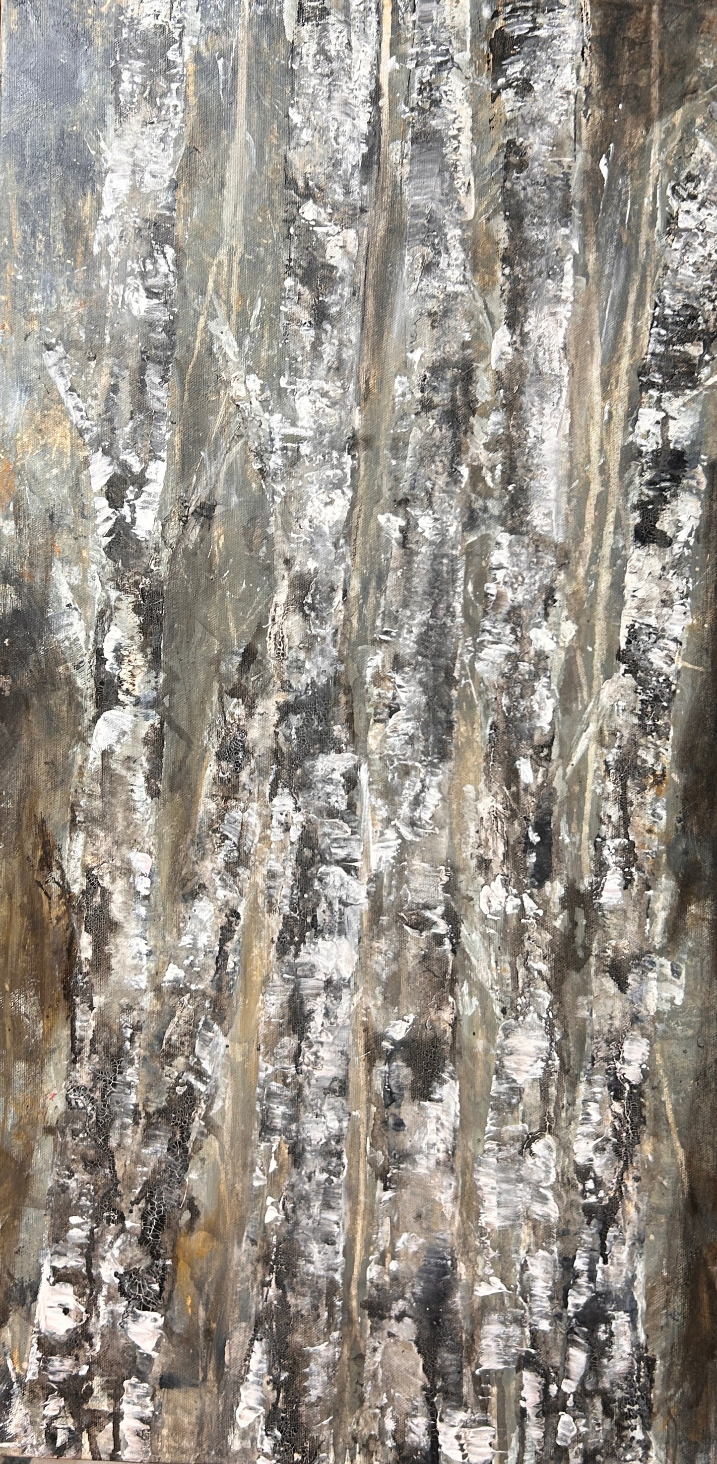 Abstract painting of birch trees in earthy tones by Ottawa artist Mireille Laroche