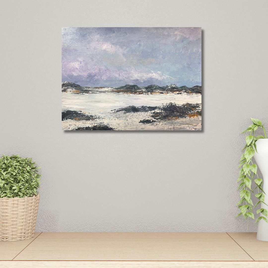 Original landscape painting on a wall with decorative plants.