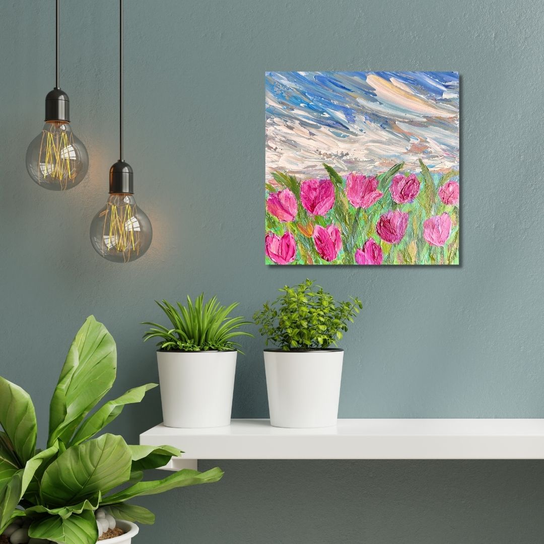 Floral (tulip) painting by Ottawa artist Mireille Laroche above a shelf and plants