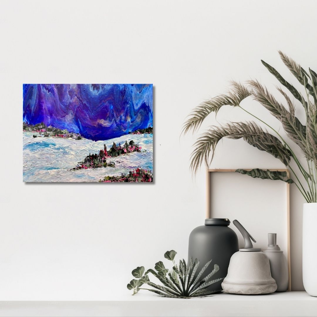 Abstract painting of a winter landscape with vibrant colours by Ottawa artist Mireille Laroche on a white wall, accompanied by decorative items.