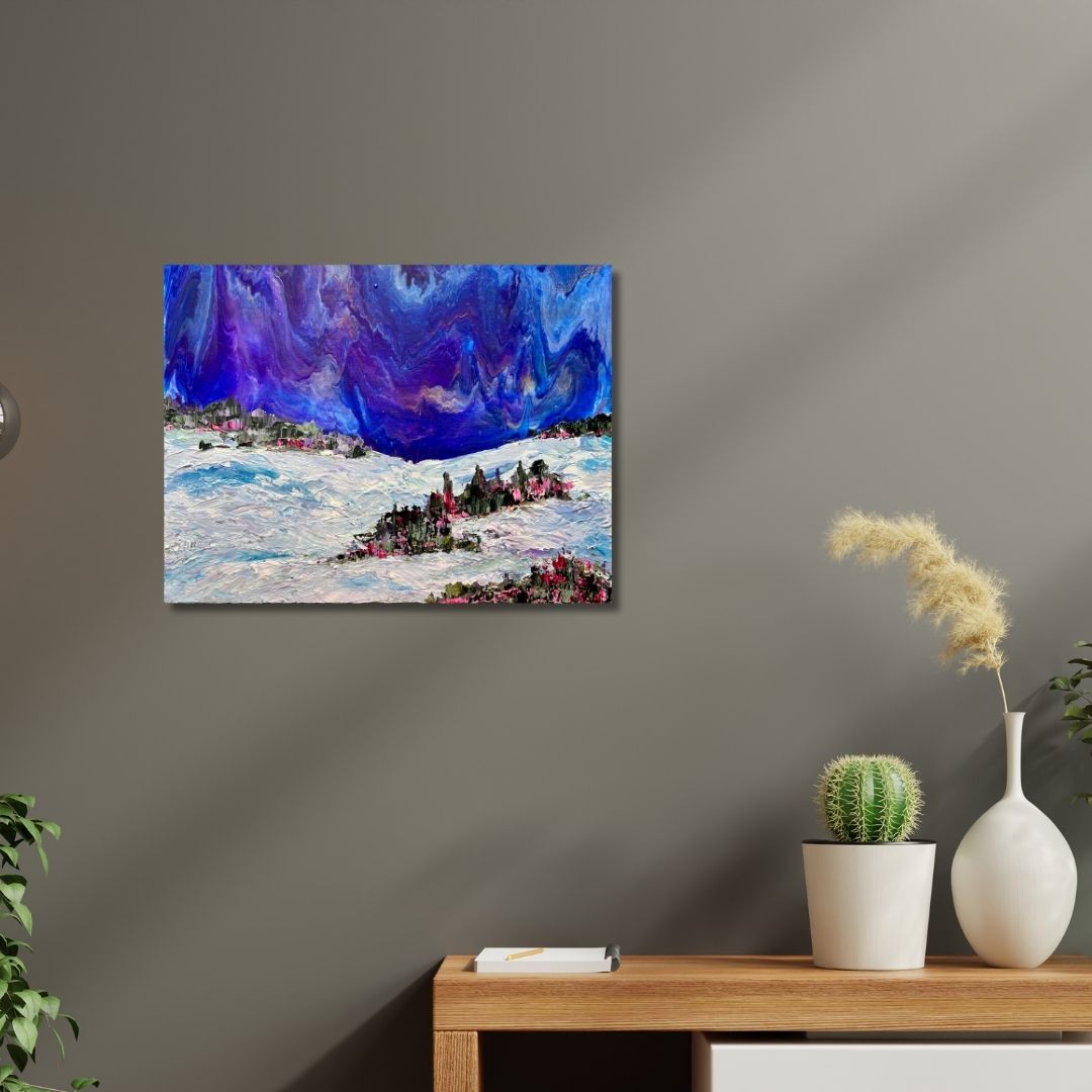 Abstract painting by Ottawa artist Mireille Laroche on a wall above a wooden console table with decorative items.
