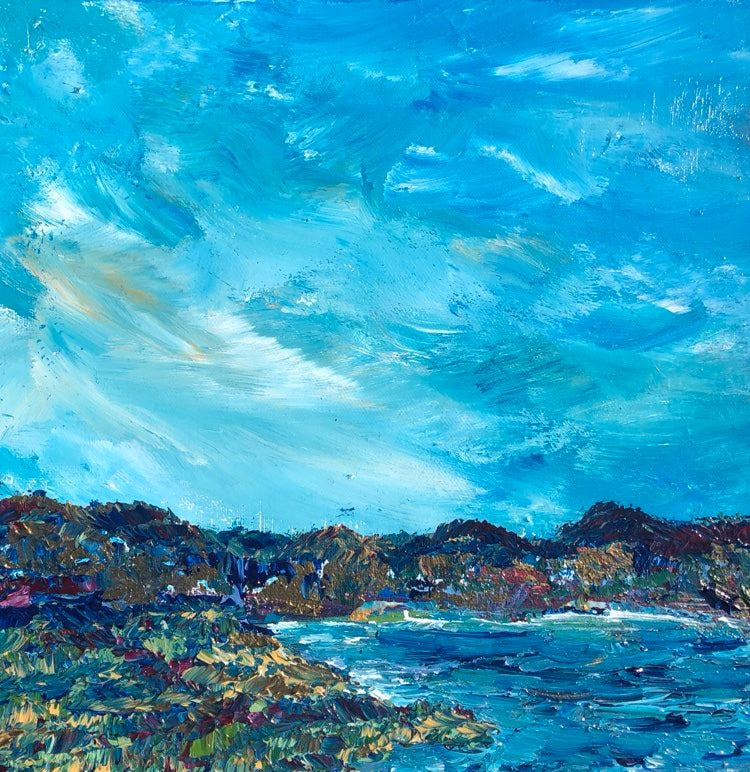 Coastal Scene. Original 12 by 12 inch acrylic painting on a 1.5 inch deep canvas by Ottawa-based artist Mireille Laroche. Shipping in Canada is included in the price  Edit alt text
