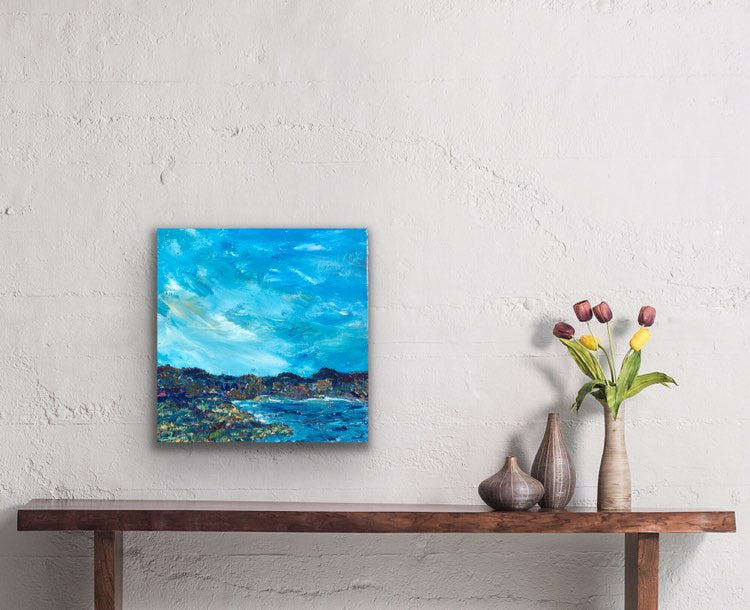 Coastal Scene. Original 12 by 12 inch acrylic painting on a 1.5 inch deep canvas by Ottawa-based artist Mireille Laroche. Shipping in Canada is included in the price  Edit alt text