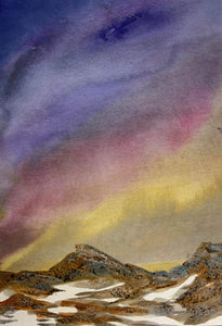 Original watercolor painting by Ottawa-based artist Mireille Laroche, entitled Golden Sky, 5 by 7 inches.   Aquarelle originale peinte par Mireille Laroche d'Ottawa, intitulée Ciel doré, 5 par 7 pouces. 