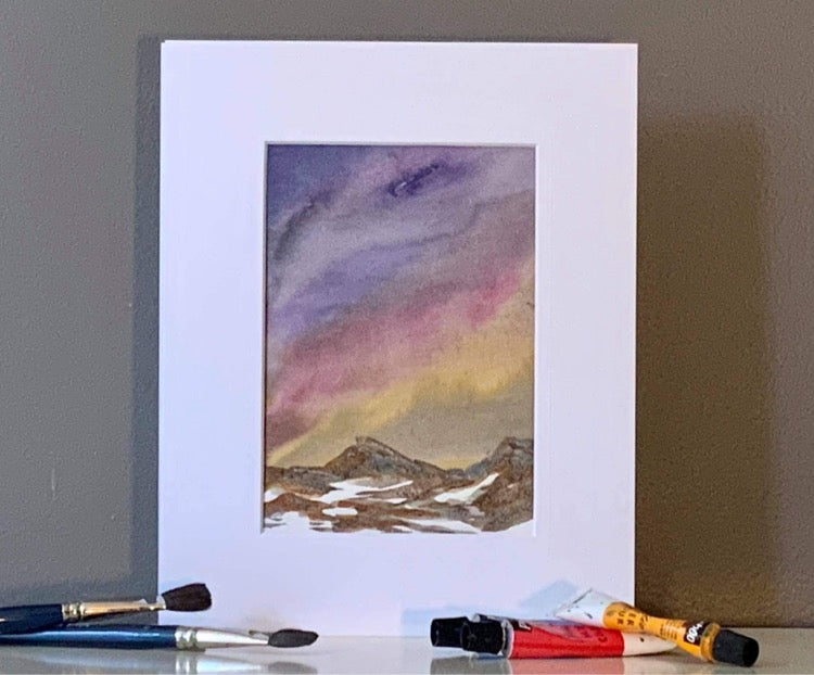 Original watercolor painting by Ottawa-based artist Mireille Laroche, entitled Golden Sky, 5 by 7 inches. Aquarelle originale peinte par Mireille Laroche d'Ottawa, intitulée Ciel doré, 5 par 7 pouces.