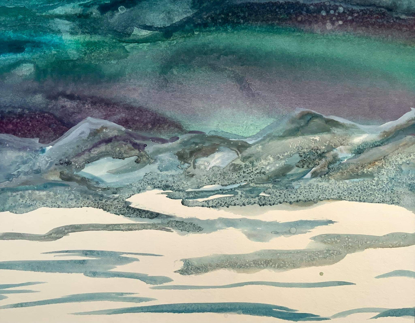 Original watercolor painting by Ottawa-based artist Mireille Laroche entitled Northern Lights, 10 by 8 inch and with mat 14 by 11.  Aquarelle originale peinte par Mireille Laroche intitulée Aurores boréales, 10 par 8 pouces, et 14 par 11 pouces avec le passe-partout.  