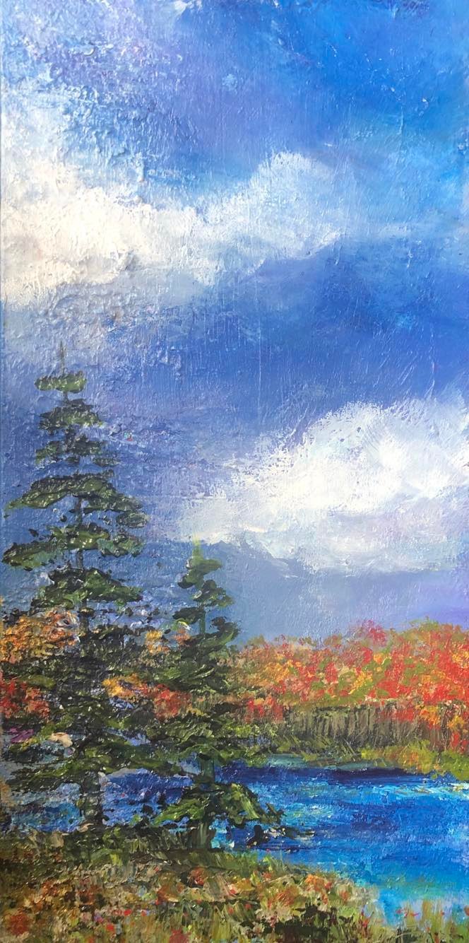 By the River. Original 8 by 16 inch acrylic painting on a 1.5 inch deep canvas by Ottawa-based artist Mireille Laroche. Shipping in Canada is included in the price